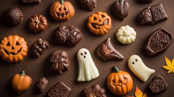 Collection of chocolates molded into Halloween symbols, such as pumpkins, ghosts, and witches, laid out on a table, gastronomy photography photo