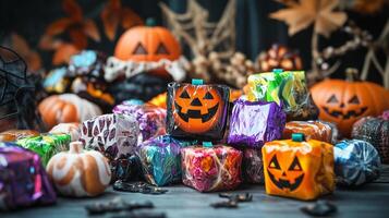 Individually wrapped Halloween candies displayed on a table with decorative elements, gastronomy photography photo