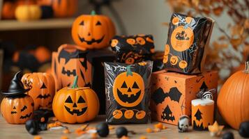 Individually wrapped Halloween candies displayed on a table with decorative elements, photorealistic food photo