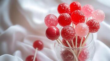 Red and pink lollipops in a glass vase on a white tablecloth, gastronomy photography photo