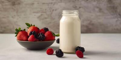 Container of yogurt drink with a screw cap, positioned next to a bowl of fruit, gastronomy photography photo