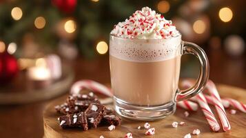 Frothy beverage in a clear mug, surrounded by peppermint bark and candy canes, photorealistic food photo