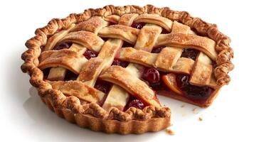 Frozen pie with lattice crust partially sliced to show fruit filling, gastronomy photography photo
