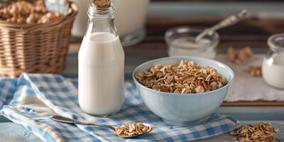 Glass bottle containing white plant-based milk next to a bowl of cereal and spoon, photorealistic food photo