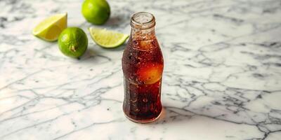Glass bottle of dark, fizzy drink next to a lime wedge on a marble counter, photorealistic food photo
