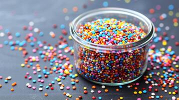 Glass container of colorful nonpareils, with some pieces spread on the surrounding surface, photorealistic food photo