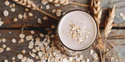 Glass of oat milk with oats surrounding it on a rustic wooden table, gastronomy photography photo