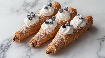 Group of cannoli displayed on a marble surface, with filling visible at each end, photorealistic food photo