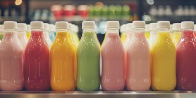 Group of assorted flavored yogurt drink bottles arranged neatly in a row on a counter, gastronomy photography photo