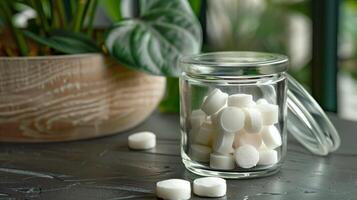 Group of white mints in a clear glass container with a hinged lid, gastronomy photography photo