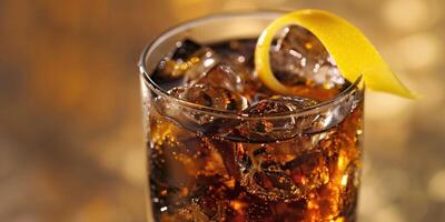 Highball glass with ice, dark brown drink, and lemon twist, gastronomy photography photo