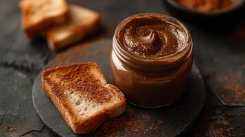 Jar of cocoa spread with lid removed, sitting next to toasted bread, gastronomy photography photo