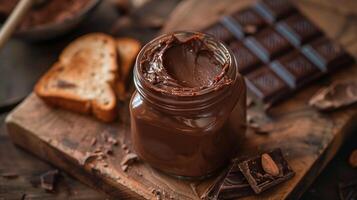 Jar of chocolate spread with a portion spread on a slice of bread on a plate, gastronomy photography photo