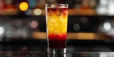 Tall glass with layered drink transitioning from yellow to red, photorealistic food photo