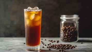 Tall glass of cold brew coffee with ice on a wooden tray with a metal straw beside it, photorealistic food photo