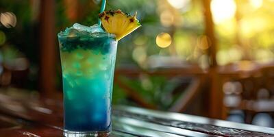 Tall glass with layers of blue and green liquids, topped with a pineapple slice, photorealistic food photo