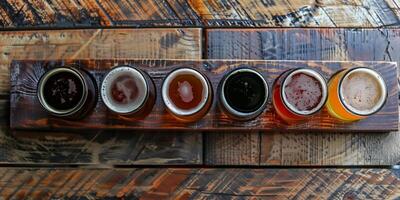 Top-down view of a craft beer flight, showcasing five different varieties, gastronomy photography photo