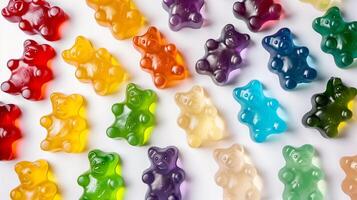 Assorted gummy bears in various colors displayed in a random pattern on white, gastronomy photography photo