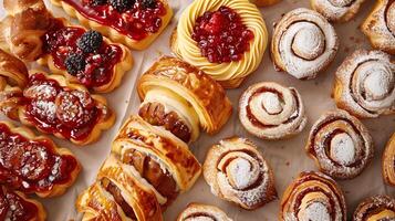 An assortment of Danish pastries on a tray, each with different fillings and shapes, photorealistic food photo