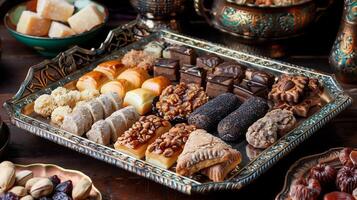 Assortment of traditional sweets on decorative tray, date-filled pastries, nut clusters, gastronomy photography photo