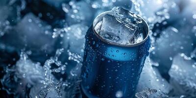 An energy drink can partially submerged in ice cubes, highlighting the can and its label, photorealistic food photo