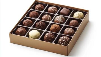 Open box of assorted dairy-free chocolate pralines, each in a separate compartment, photorealistic food photo