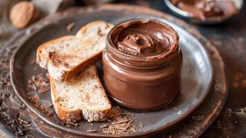 Open jar of cocoa spread with portion spread on slice of bread on plate, gastronomy photography photo