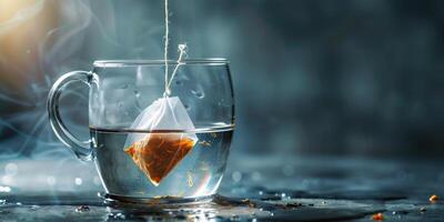 Herbal tea teabag submerged in a glass cup of water with the string hanging over the side, photorealistic food photo