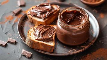 Open jar of cocoa spread with portion spread on slice of bread on plate, photorealistic food photo