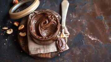 Open jar of hazelnut spread next to sliced loaf of bread and knife, photorealistic food photo
