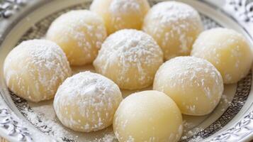 Round mochi cakes dusted with starch evenly displayed on a plain dish, photorealistic food photo