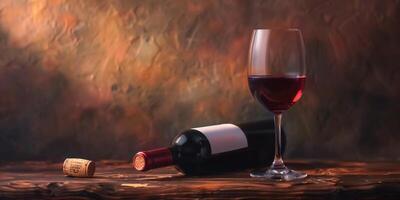 Red wine in a glass, positioned beside an uncorked bottle and a cork on a table, gastronomy photography photo