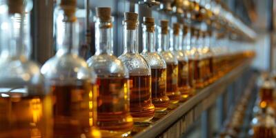 Row of small-batch bottles in a craft distillery, with visible condensation, photorealistic food photo