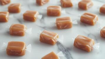 Rows of wrapped vegan caramel candies neatly placed on a marble countertop, gastronomy photography photo