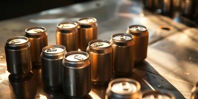 Several cans of ale arranged on a metallic table under direct light, photorealistic food photo