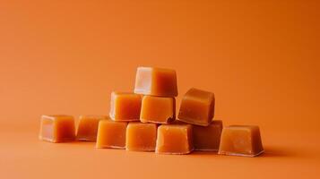Several caramel candies arranged in a pyramid shape on a flat background, emphasizing their consistent form, photorealistic food photo