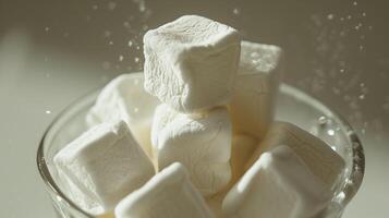 Close-up of a single marshmallow atop a stack of others in a glass container, food setting photo