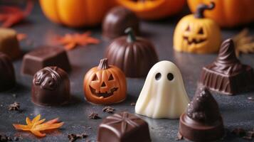 Collection of chocolates molded into Halloween symbols, such as pumpkins, ghosts, and witches, laid out on a table, food setting photo