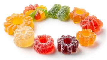 Gummy candies in various colors and shapes arranged in a circular pattern on a white background, meal photography photo