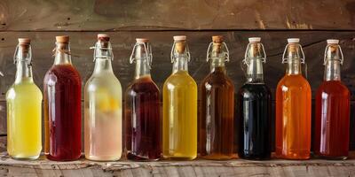 Collection of fermented beverage bottles with different colored liquids, in a row, food setting photo