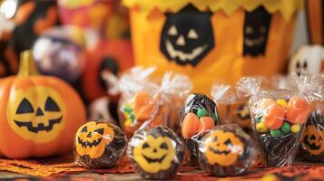 Individually wrapped Halloween candies displayed on a table with decorative elements, meal photography photo