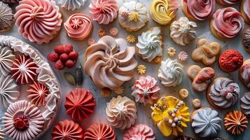 Intricately shaped sugary desserts in distinct colors spread out on a table, food setting photo