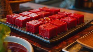Collection of uniform rectangular red bean cakes on a serving dish, food setting photo
