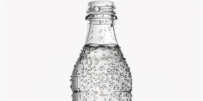 Glass bottle filled with clear sparkling water, condensation forming on the outside, on a white background, meal photography photo