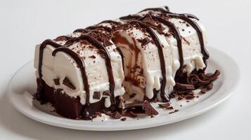 Frozen dessert cake with chocolate drizzle, sliced to reveal ice cream core, food setting photo