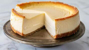 Frozen cheesecake with visible slice showing uniform filling and consistent crust layer, meal photography photo