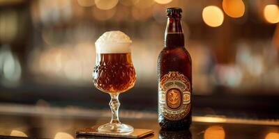 Frothy ale in a glass, placed beside a bottle with a detailed label, meal photography photo