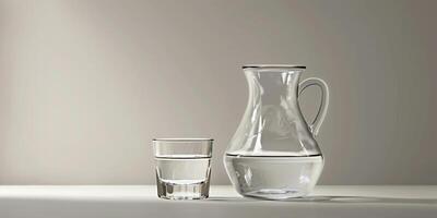 Glass carafe and matching cup, both filled with a transparent, colorless liquid, food setting photo
