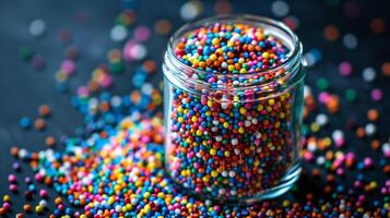 Glass container of colorful nonpareils, with some pieces spread on the surrounding surface, meal photography photo