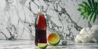 Glass bottle of dark, fizzy drink next to a lime wedge on a marble counter, food setting photo